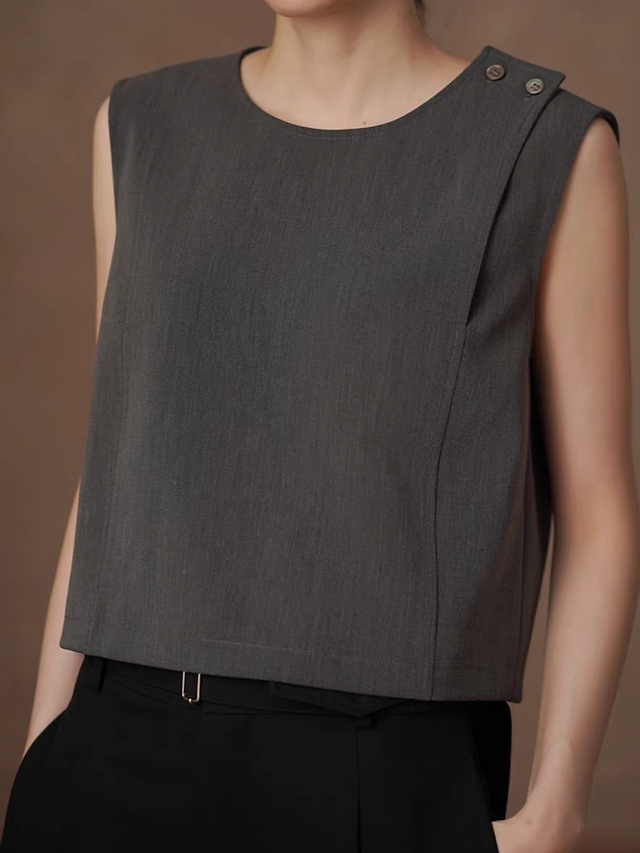 Shoulder buttoned cotton rayon charcoal grey vest 1
