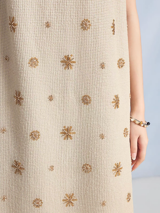 Beige cotton poly embroidered sequins beads lace trim sleeveless dress 6