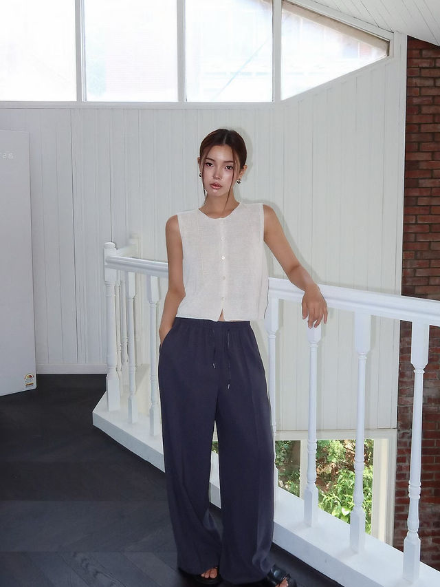 Drawstring crewneck knitted linen nylon cotton crewneck top  8