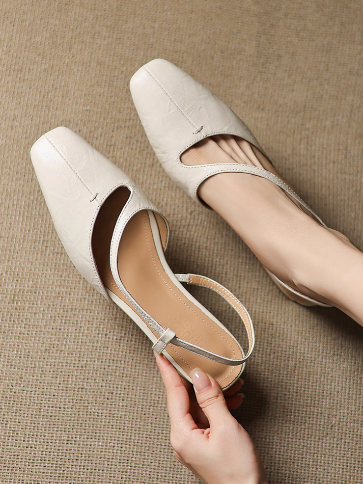 Diagonal strap sling back lambskin low heel shoes 6