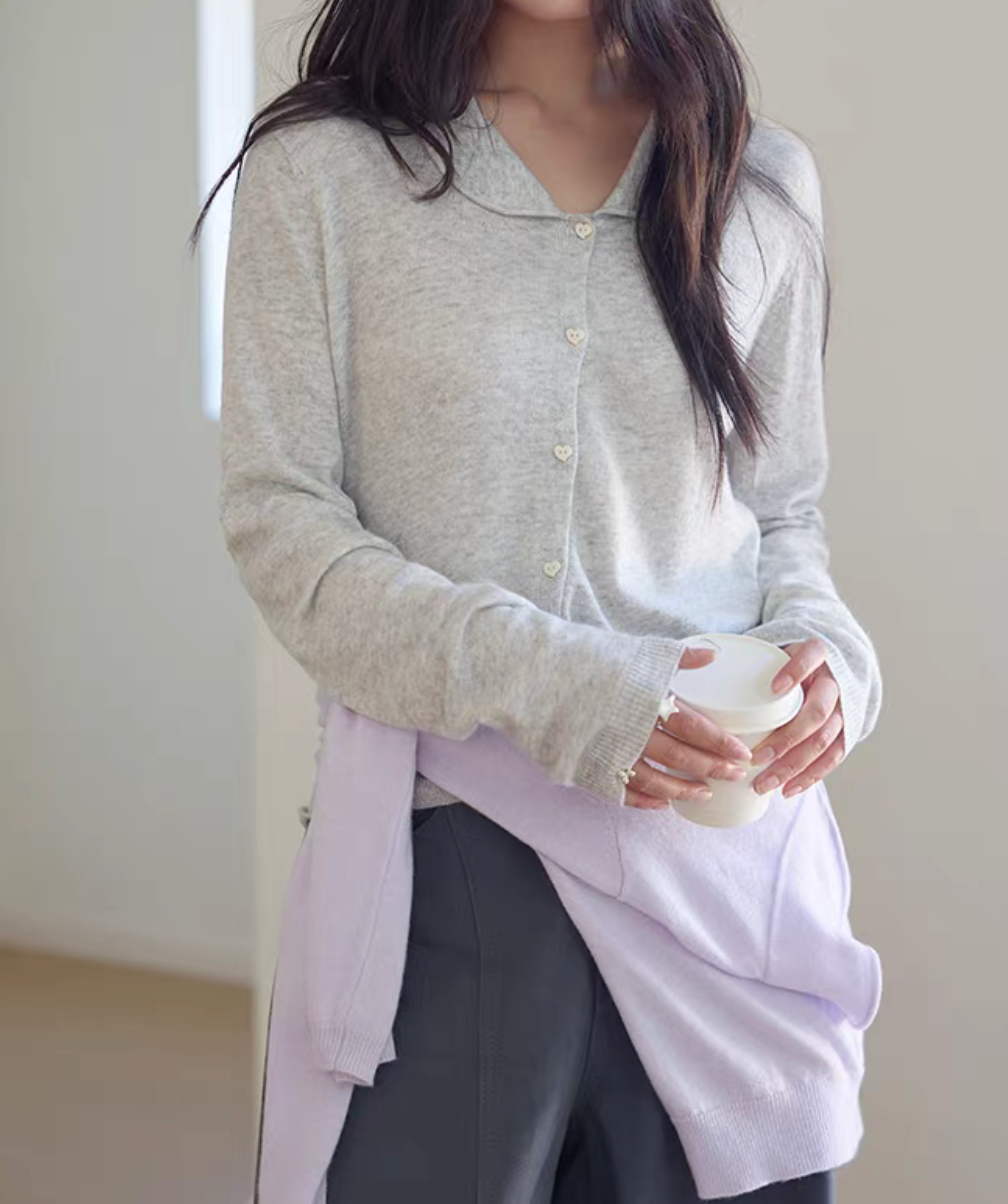 Peter Pan collar 16% wool tencel rayon heart buttoned cardigan