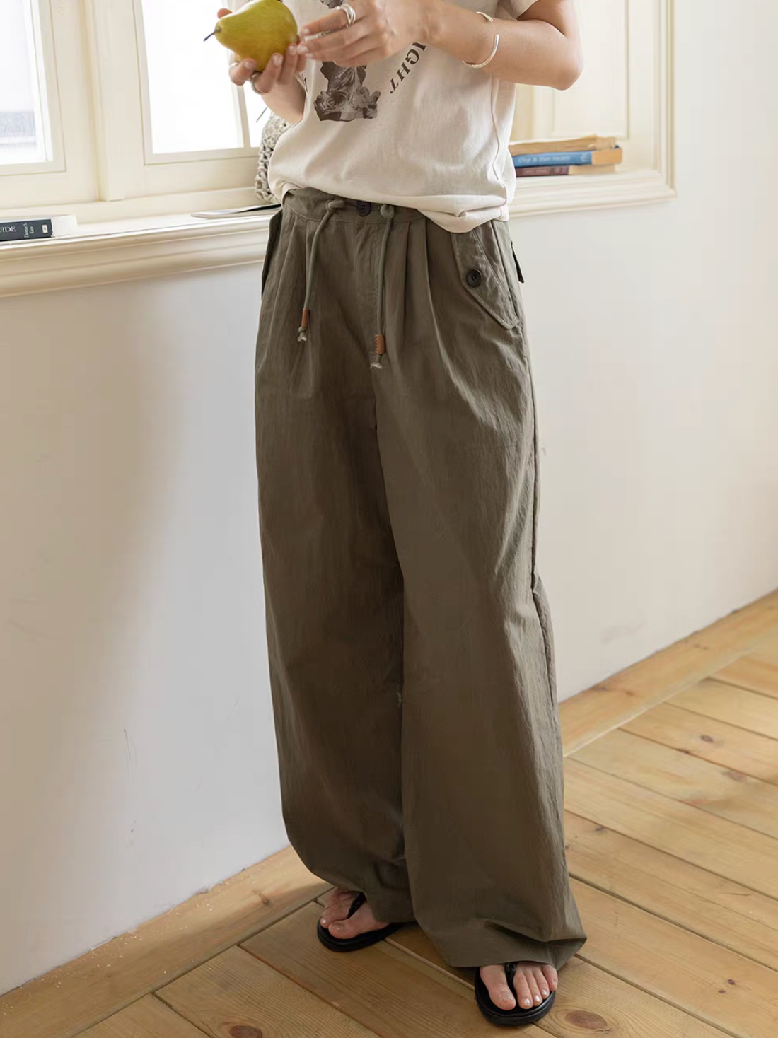 Drawstring cotton rayon ruffle waistline straight pants