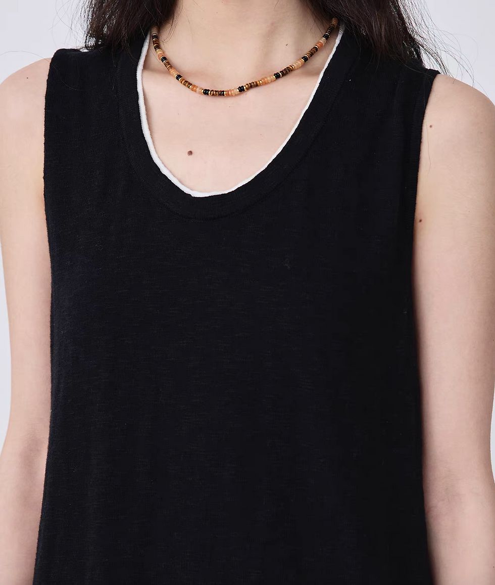 Thumbnail: Black U neck white trim knitted linen cotton sleeveless dress