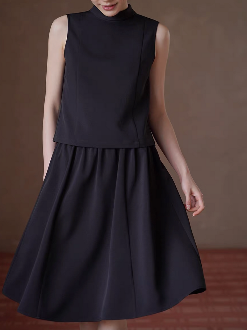 Black standing foldedcollar poly rayon vest + elasticated skirt 2 pieces set 3