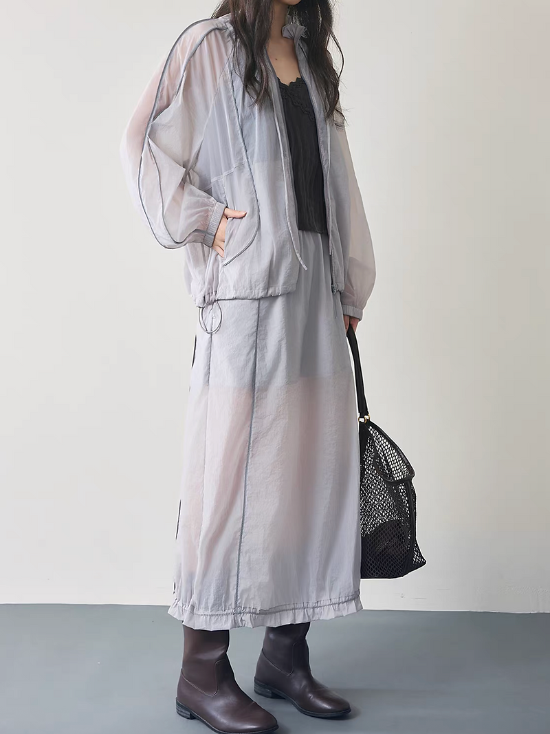Greyish taro ruffles trim sheer poly windbreaker style jacket 5