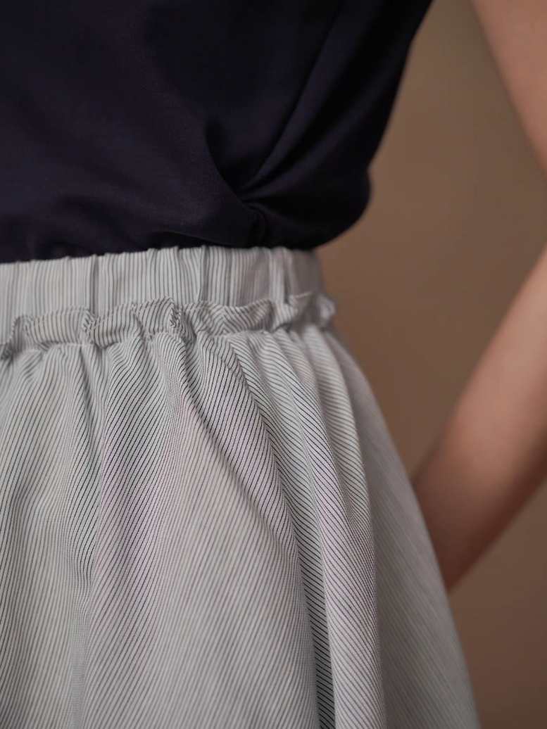 Linen cotton poly ruffles elasticated trim grey striped lined A line skirt 9