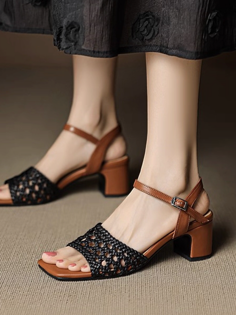 Calf leather straps crochet heel sandals 10