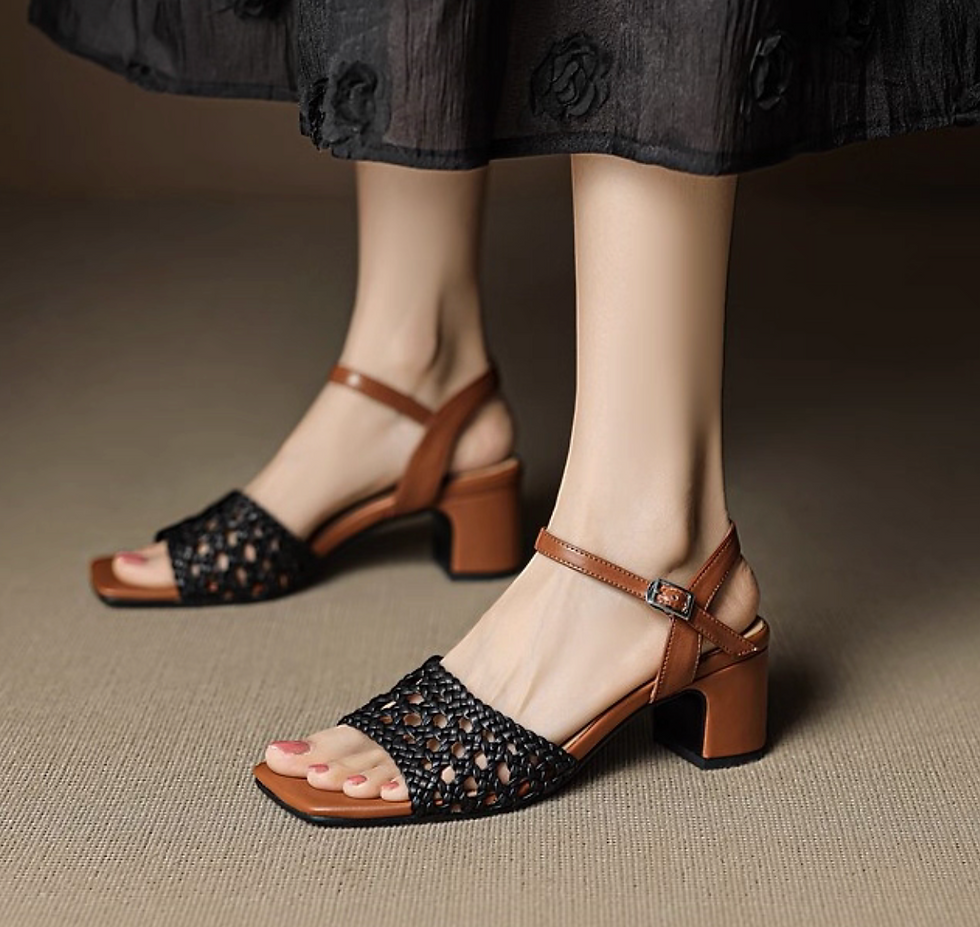 Thumbnail: Calf leather straps crochet heel sandals