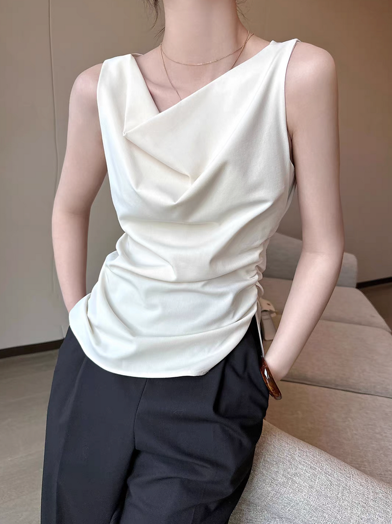 Asymmetric side pleats silt ivory poly rayon vest 1