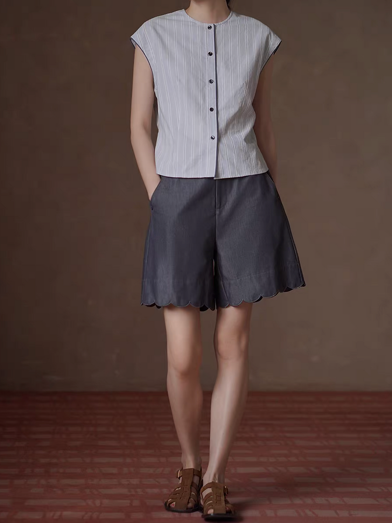 Greyish light blue striped navy trim pure cotton vest / blouse 7