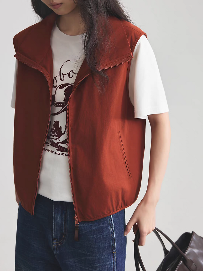 Brick red zipper well hemmed cotton denim vest 3