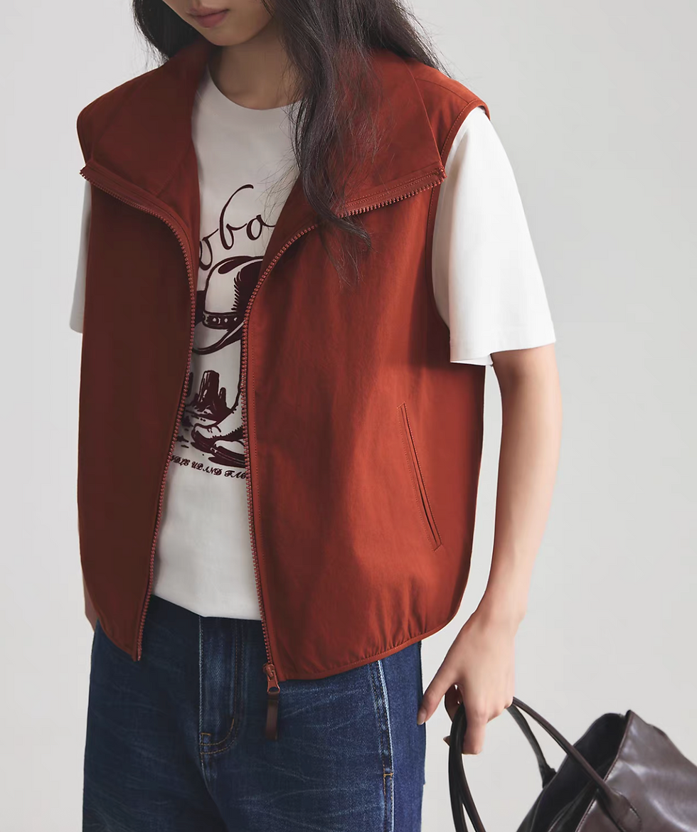 Thumbnail: Brick red zipper well hemmed cotton denim vest