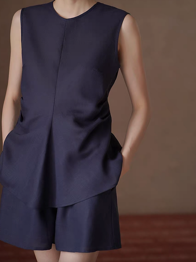 Navy lyocell linen back buttoned side pleated vest + shorts set 6
