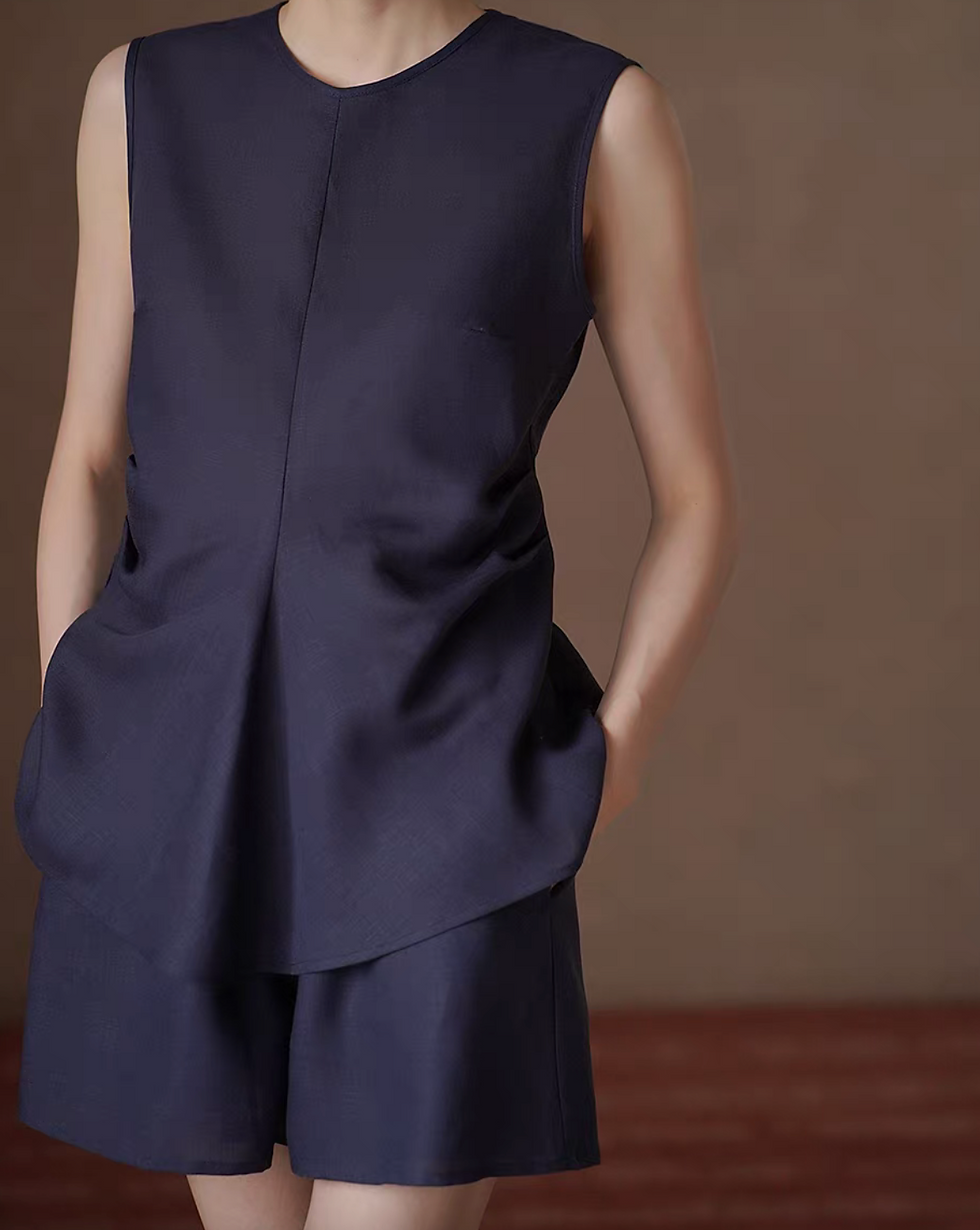 Thumbnail: Navy lyocell linen back buttoned side pleated vest + shorts set