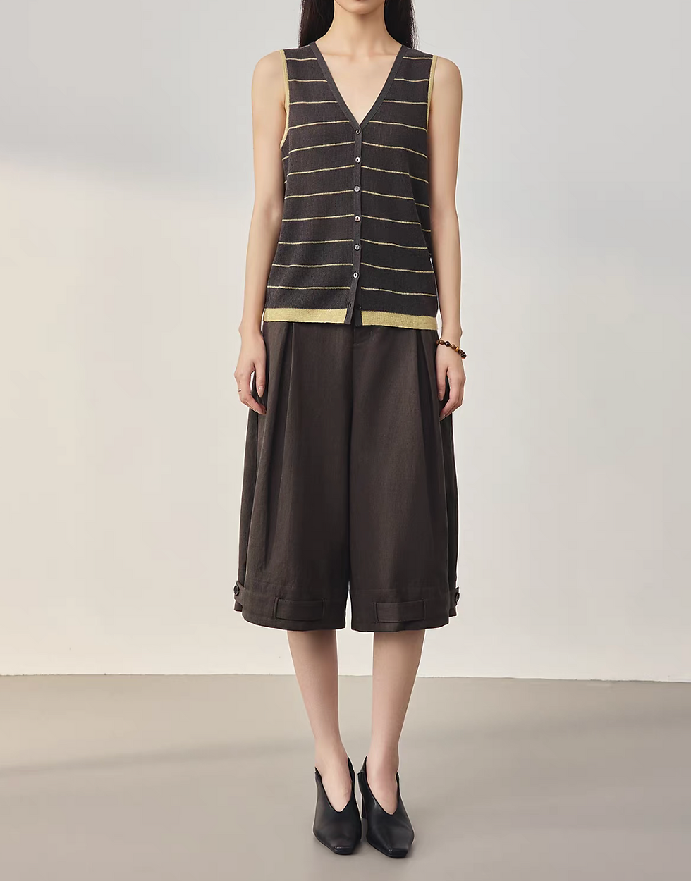 Thumbnail: Mocha brown cotton tencel buttoned strap high waisted pleated shorts