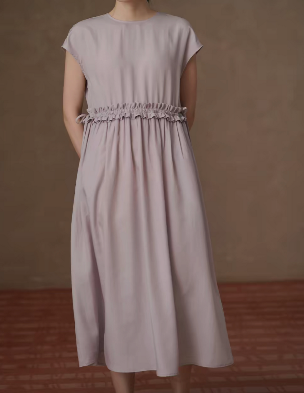 Thumbnail: Morandi purple waist ruffles drawstring flutter sleeves pure lyocell midi dress