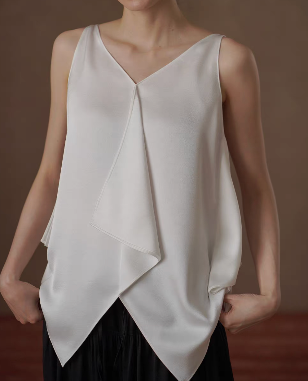 Asymmetric V neck white satin poly fluid drape vest