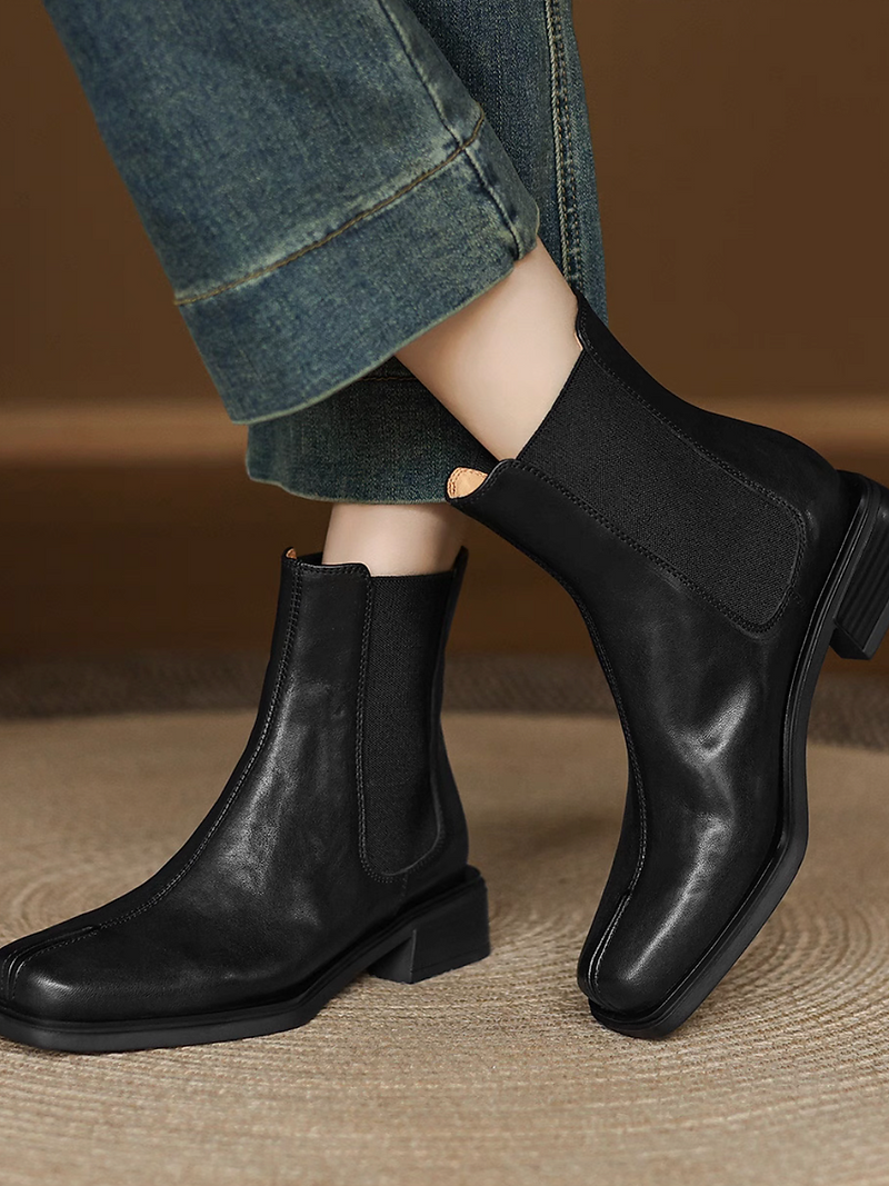 Calf leather front stitched trim square toe ankle boots 4