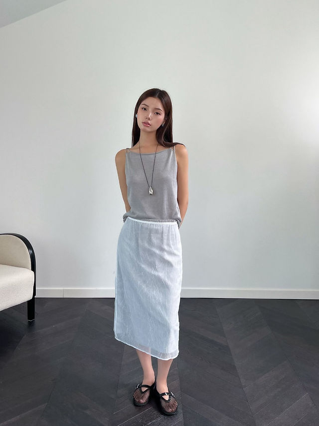 Pure embossed layered back knot elasticated back slit sheer pencil skirt 13