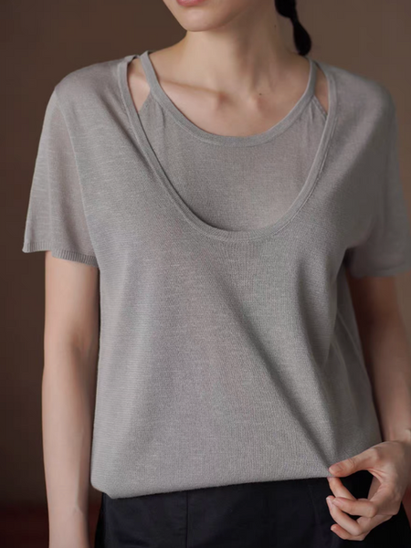 Heather grey poly tencel rayon connected two pieces like knitwear