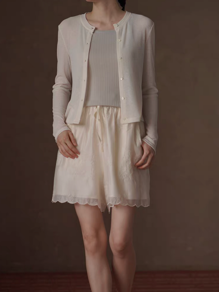Ivory beige laced trim layered tencel lyocell rayon drawstring shorts 4