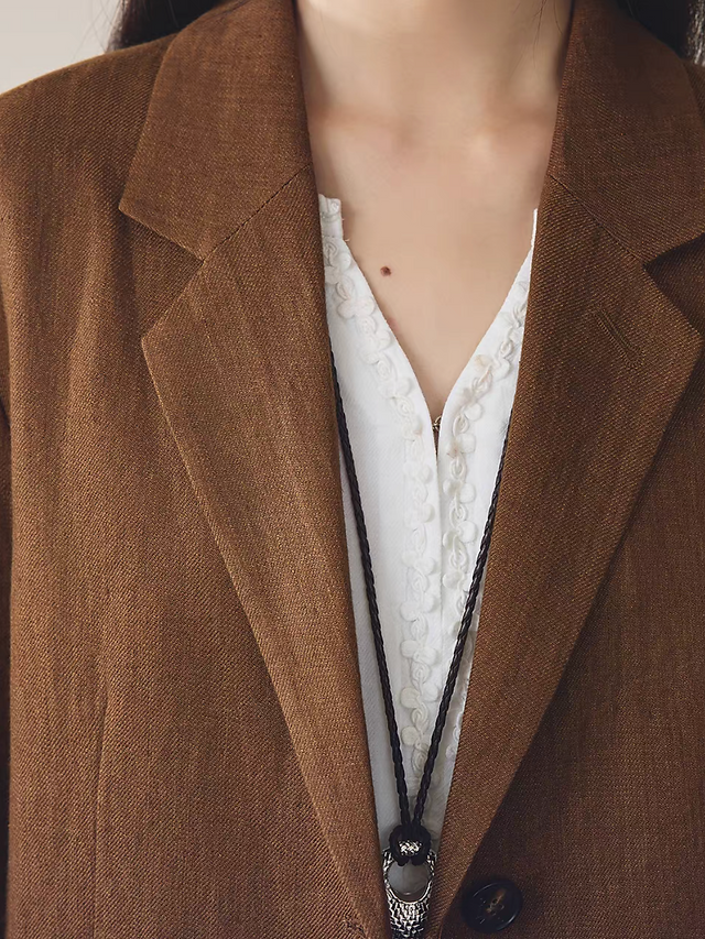 Camel color pure linen mid length waist buttoned lined blazer 7