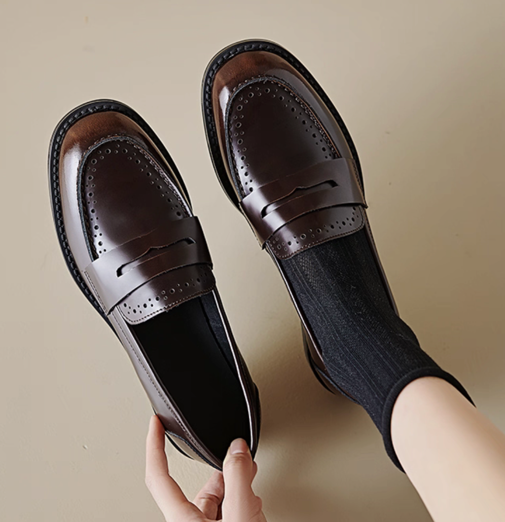 Brogue penny saver brushed off calf leather loafers