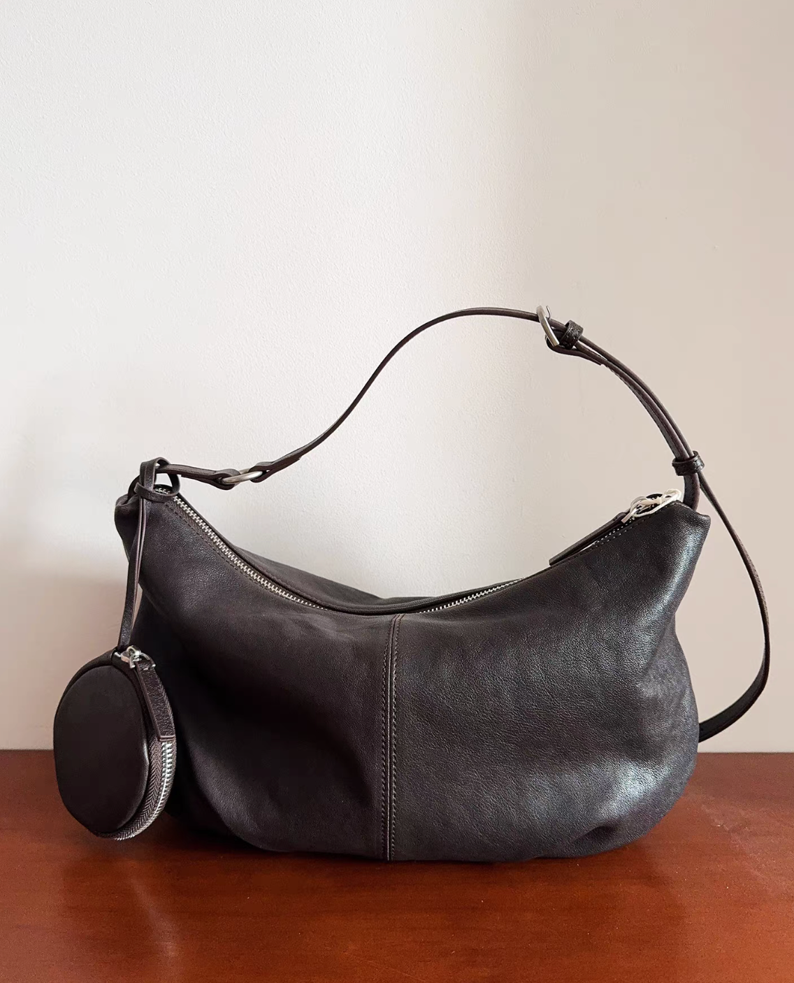 Coin pouch charm calf leather drape dumpling shoulder + crossbody bag