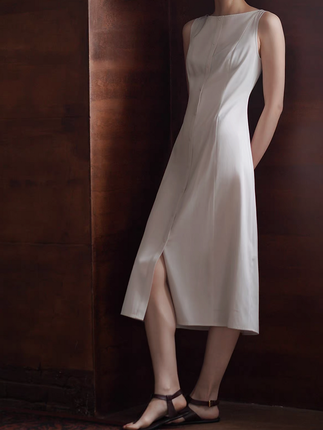 Pearl ivory front buttoned slit linen rayon straight shoulder sleeveless dress 1