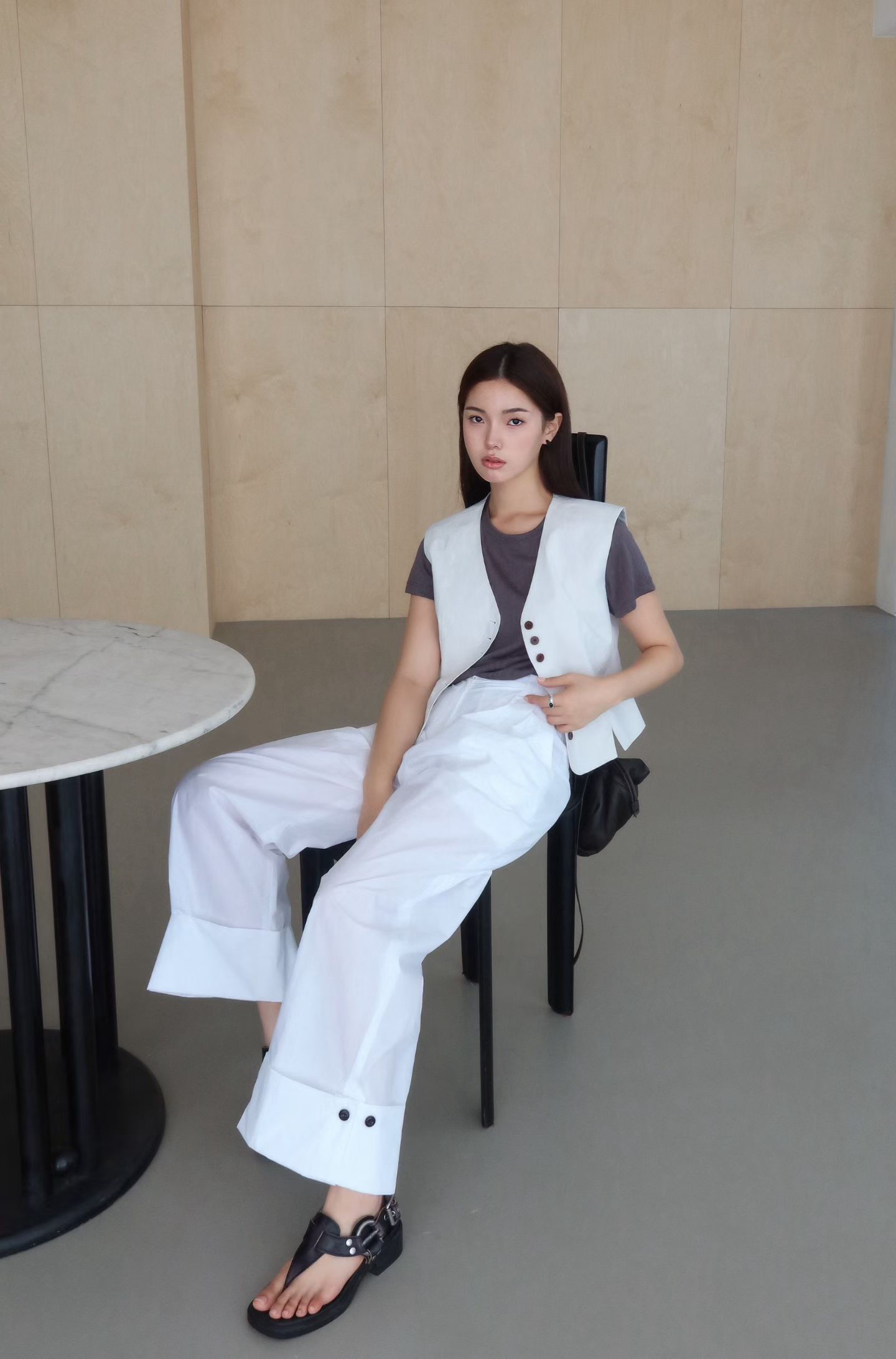 Buttoned hem  high waisted pleated cotton nylon pants 