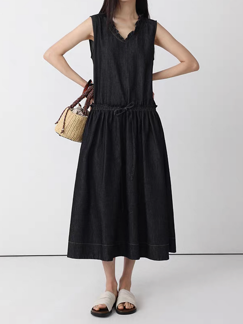 Dark denim V neck ruffles trim waist adjust drawstring sleeveless dress 3