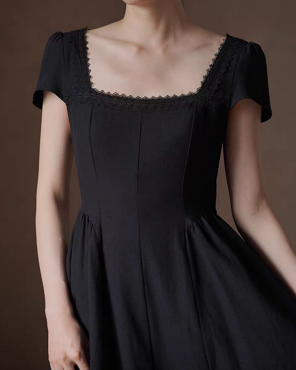 Thumbnail: Black cotton poly lace trim square neck midi dress
