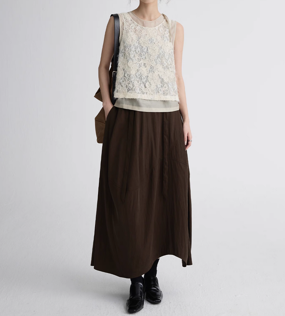 Thumbnail: Beige layered poly lyocell embroidered floral vest