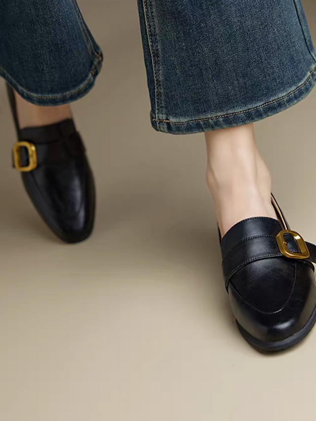 Side buckle calf leather pointy wood heel shoes 6