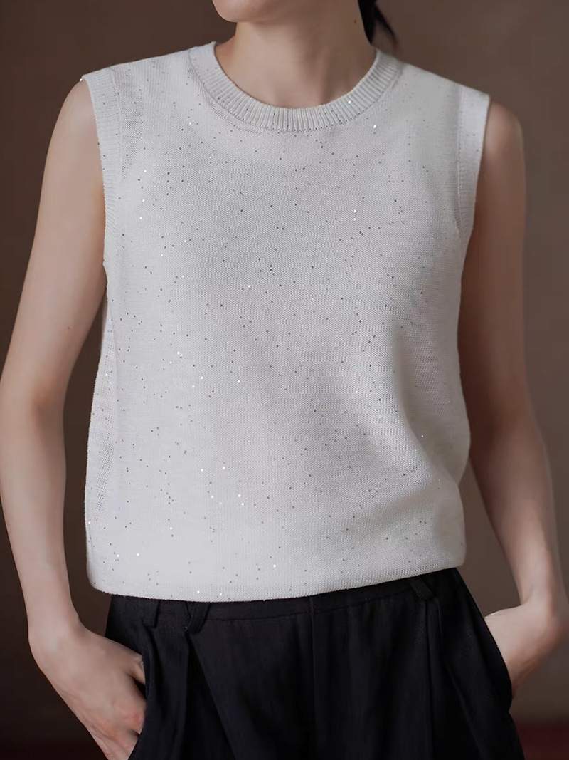 Ivory cotton acrylic sequins knitted crewneck vest 4