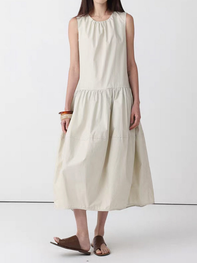 Pure cotton back zipped puff maxi sleeveless dress 1