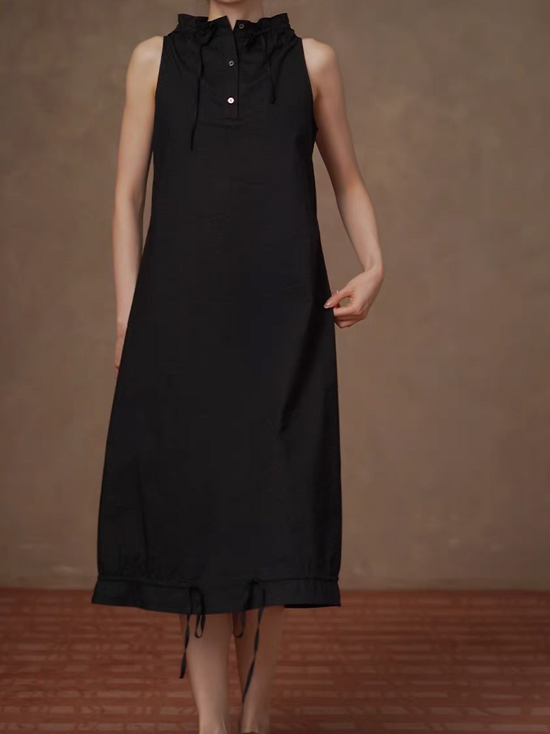 Black cotton rayon standing collar drawstring sleeveless dress 1