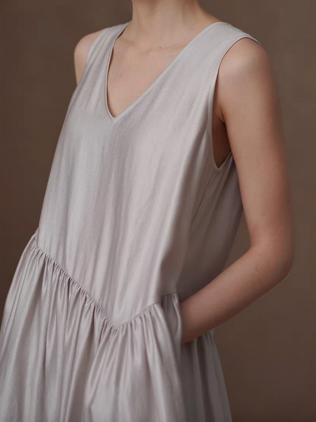 Greyish champagne color V neck tiered poly satin maxi sleeveless dress 3