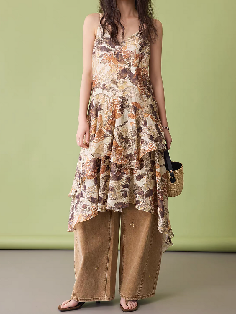 Asymmetric ruffles V neck cotton linen rayon leafy patterned slipdress 2