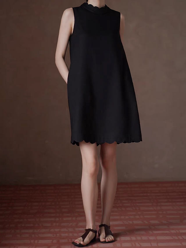 Wavy trim black lyocell linen poly sleeveless little black dress 6