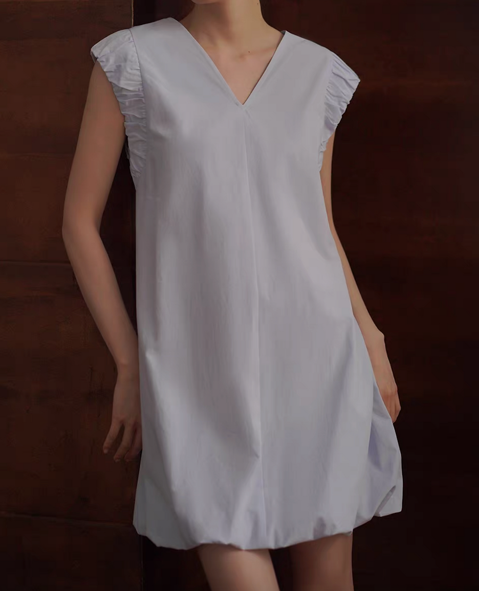 Thumbnail: V neck gathered cap sleeve pure cotton pastel blue bubble dress