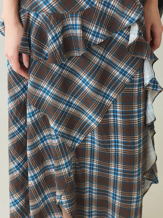 Asymmetric halter checker cotton drape collar blue mocha sleeveless dress 8