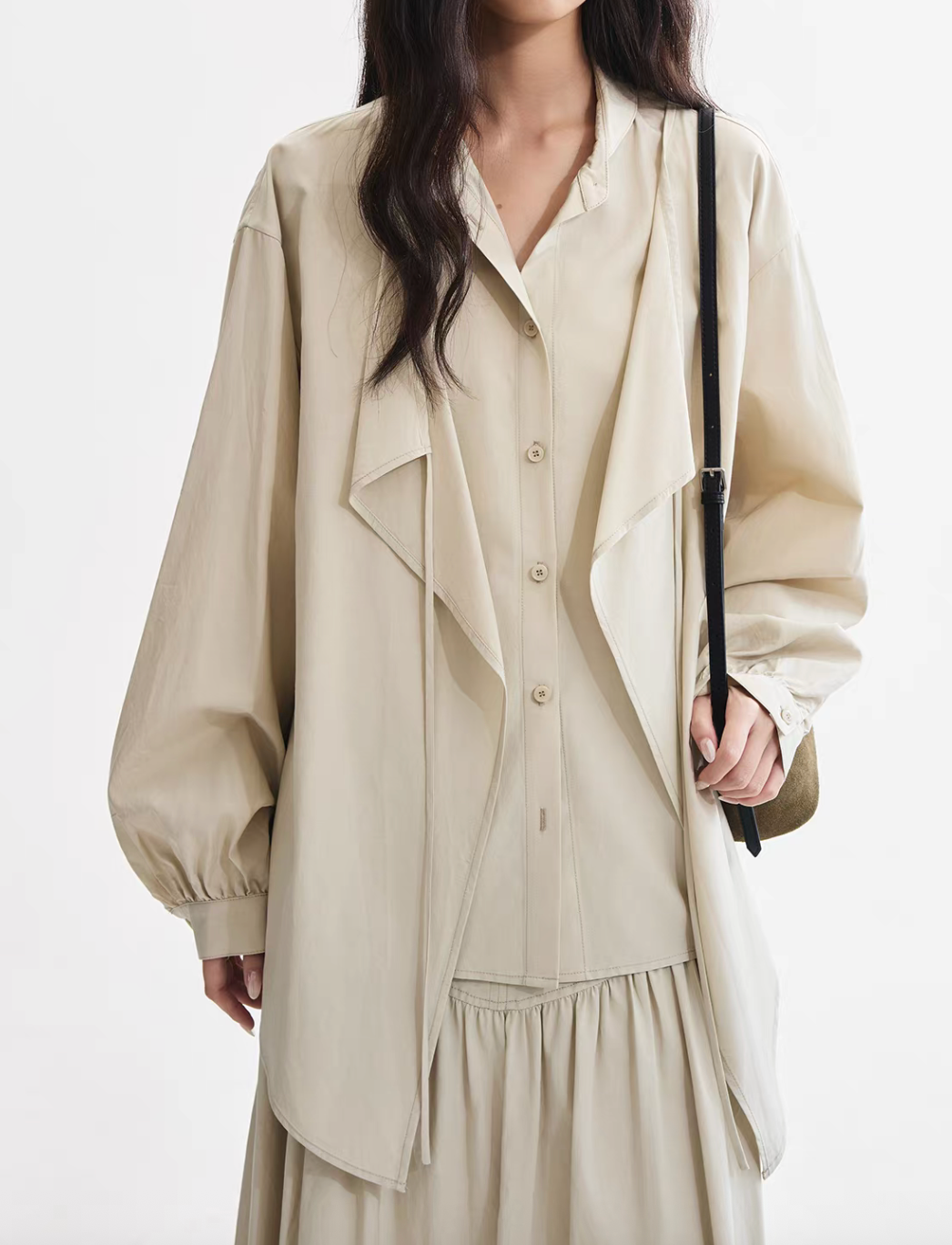 Asymmetric cotton poly beige layered drawstring blouse