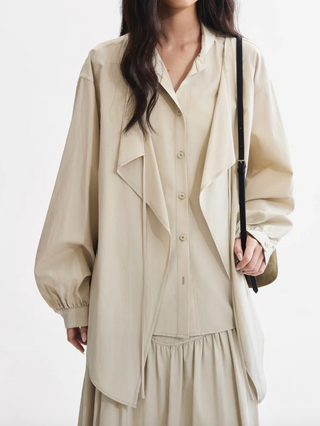 Asymmetric cotton poly beige layered drawstring blouse
