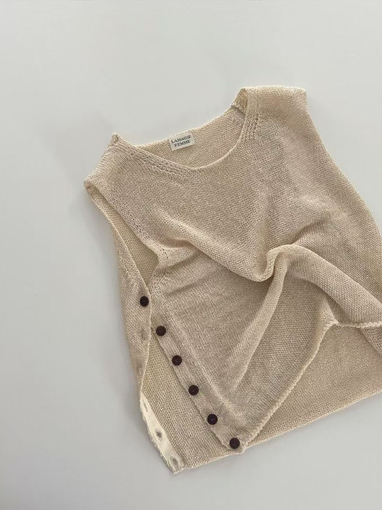 Linen nylon side buttoned crewneck knitted vest