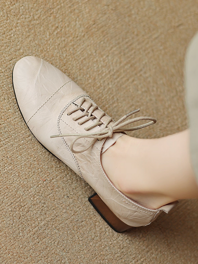 Ruffled calf leather wood heel lacing shoes 2