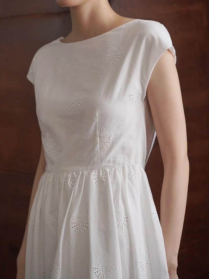 Pure cotton flutter sleeves high waisted crochet lined white dress 5