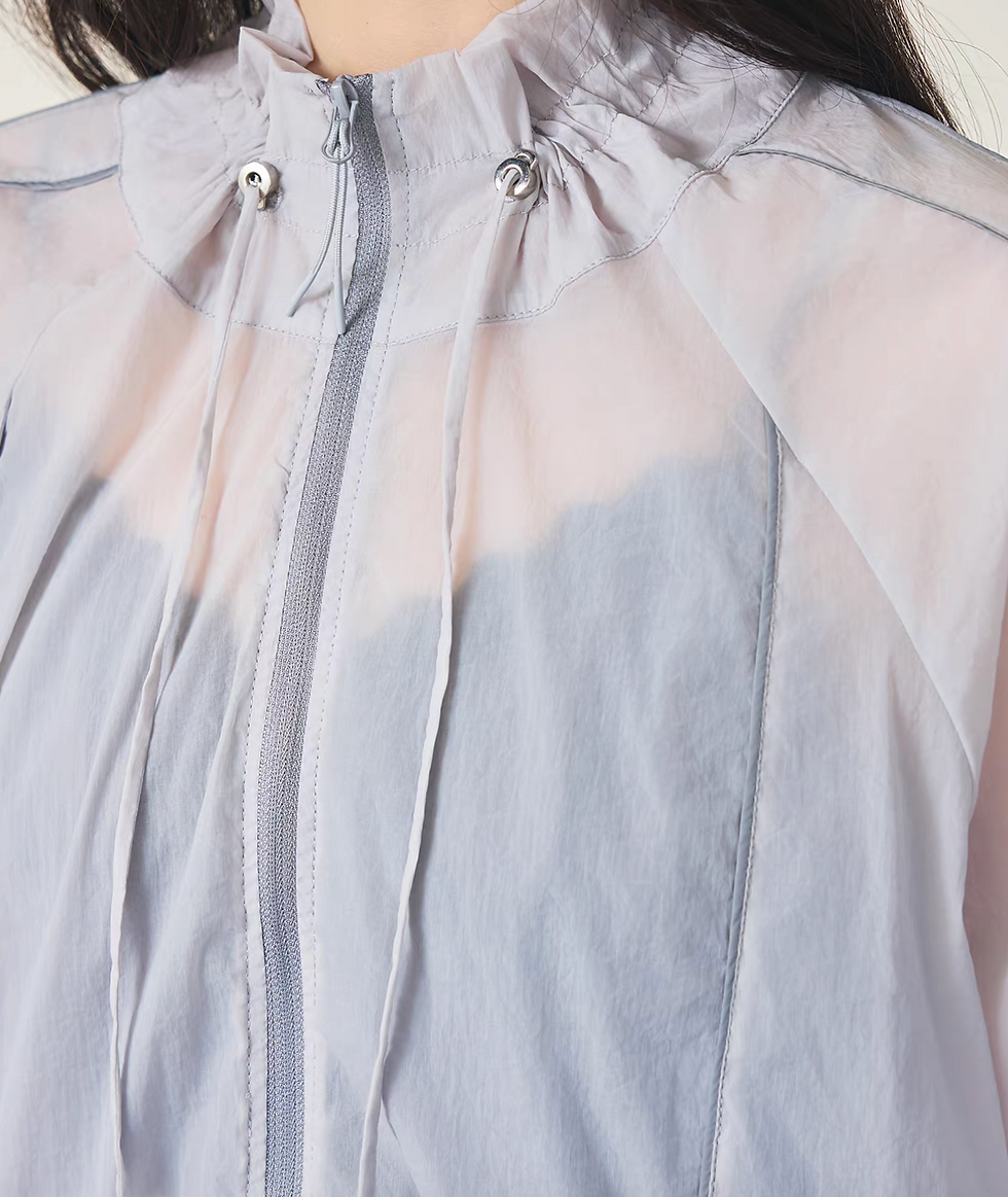 Thumbnail: Greyish taro ruffles trim sheer poly windbreaker style jacket