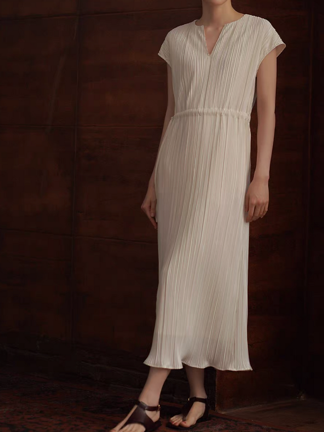 Ivory ribbed waist drawstring poly rayon midi dress 7