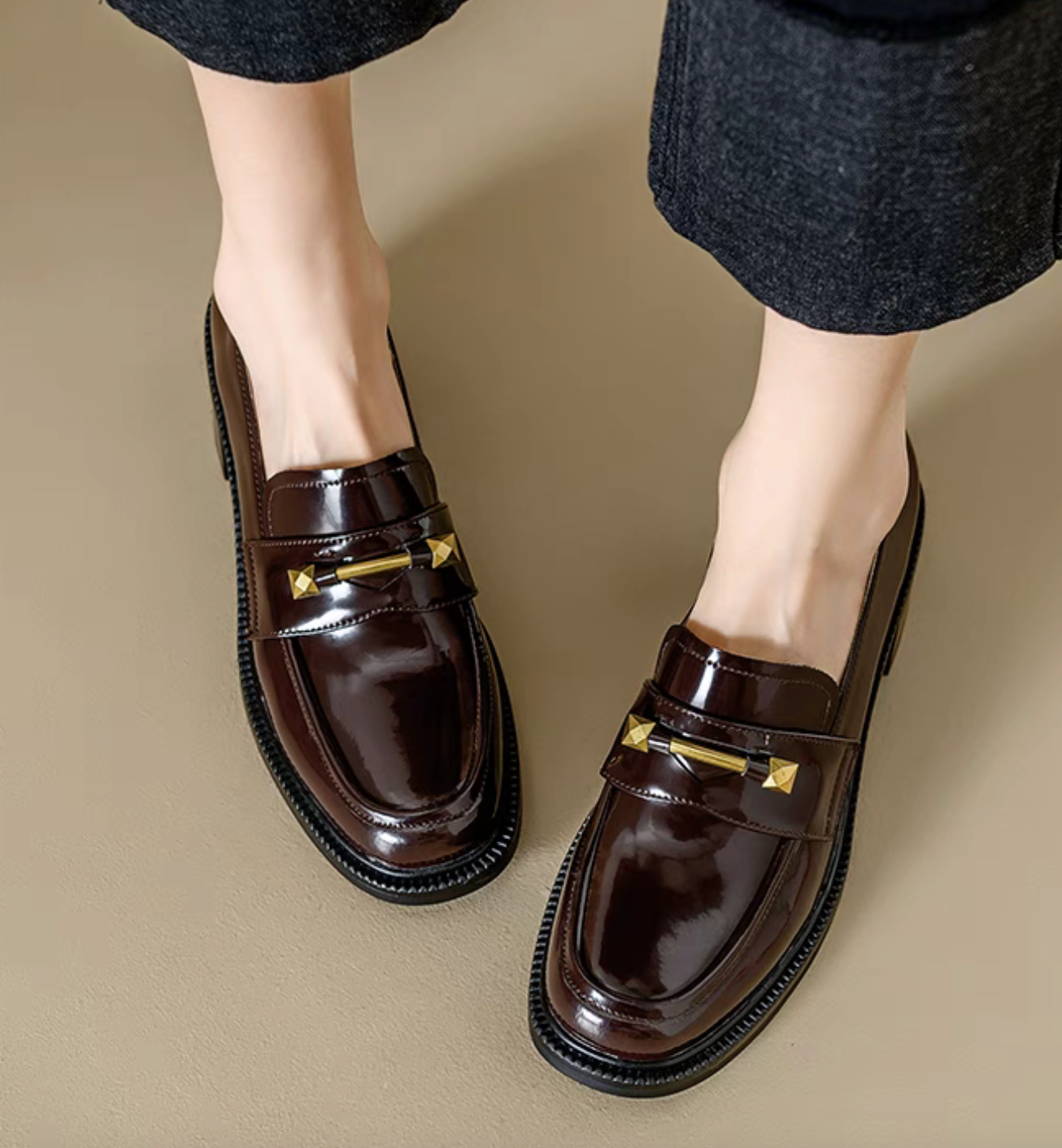 Matte golden strut bar contour calf leather oil waxed chunky heel loafers